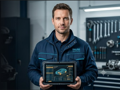Mechanik Filip Šalda s diagnostickým tabletem